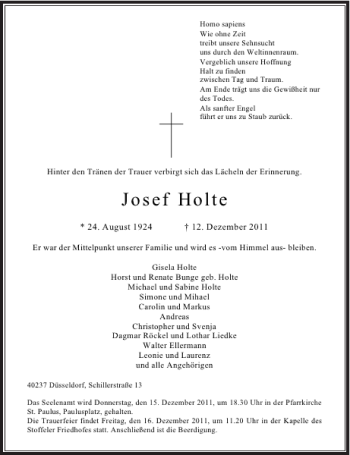 Todesanzeige von Josef Holte von Rheinische Post