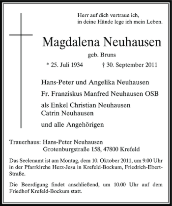Todesanzeige von Magdalene Neuhausen von Rheinische Post