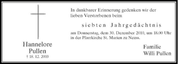 Todesanzeige von In dankbarer Erinnerung gedenken wir der lieben Verstorbenen beimsiebtenJahrgedächtnisam Donnerstag um 18.00 Uhr in der Pfarrkirche St. Marien zu Neuss. Familie Willi Pullen von Rheinische Post