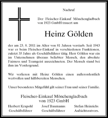 Todesanzeige von Nachruf Nachruf Der Fleischer-Einkauf Mönchengladbach von 1923 GmbH trauert um von Rheinische Post