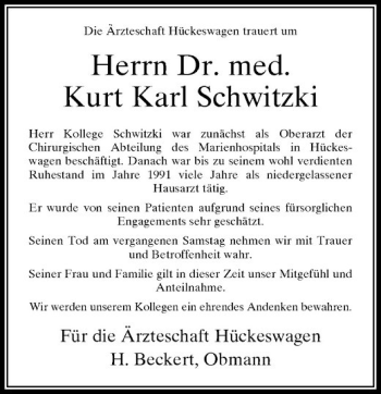 Todesanzeige von Die Ärzteschaft Hückeswagen trauert um von Rheinische Post