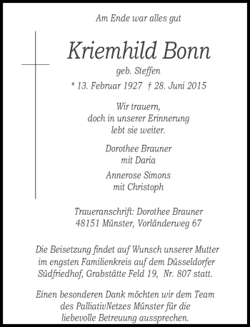 Todesanzeige von Kriemhild Bonn von Rheinische Post
