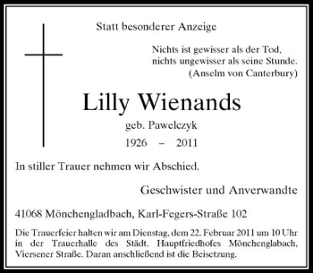 Todesanzeige von Lilly Wienands von Rheinische Post