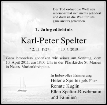 Todesanzeige von Der Der Tod ordnet die Welt neu scheinbar hat sich nichts geändert und doch ist die Welt für uns ganz anders geworden 1. Jahrgedächtnis von Rheinische Post