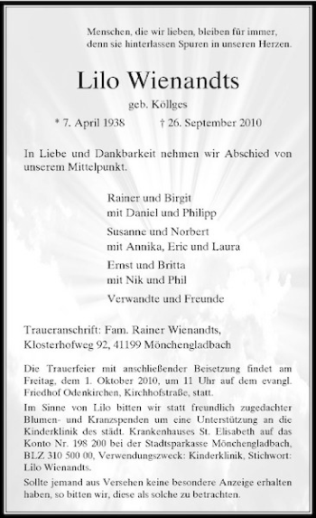 Todesanzeige von Lilo Wienandts von Rheinische Post