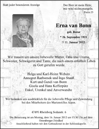 Todesanzeige von Erna van Bonn von Rheinische Post