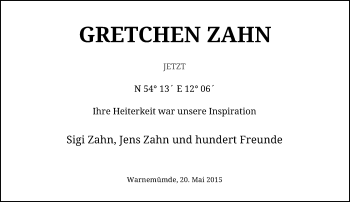 Todesanzeige von Gretchen Zahn von Rheinische Post