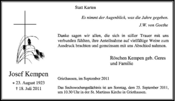 Todesanzeige von Josef Kempen von Rheinische Post