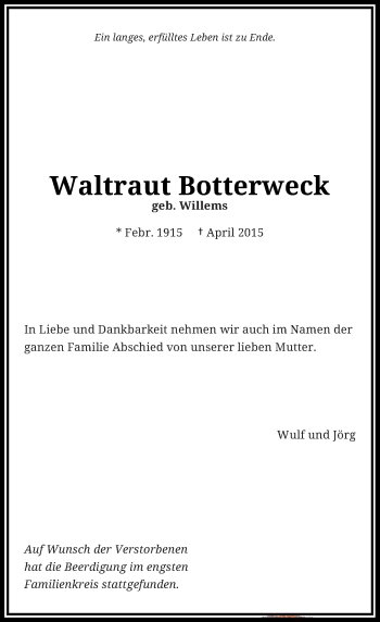Todesanzeige von Waltraut Botterweck von Rheinische Post