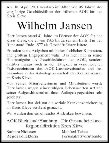 Todesanzeige von Am Am 10. April 2011 verstarb im Alter von 96 Jahren der langjährige Geschäftsführer der früheren AOK für den Kreis Kleve von Rheinische Post