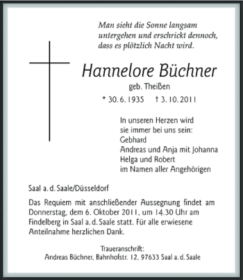 Todesanzeige von Hannelore Büchner von Rheinische Post