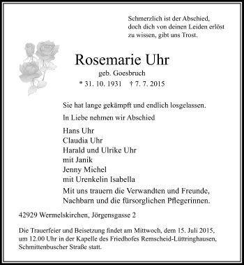 Todesanzeige von Rosemarie Uhr von Rheinische Post