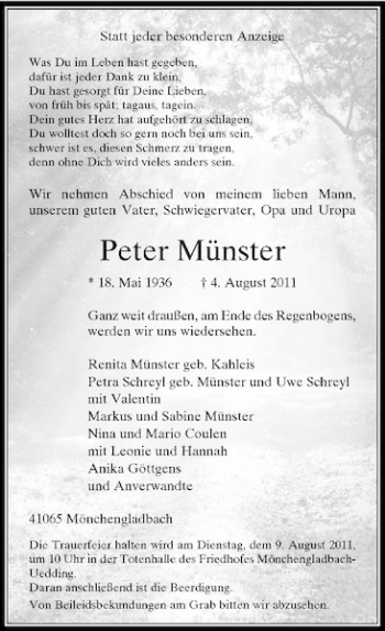 Todesanzeige von Peter Münster von Rheinische Post