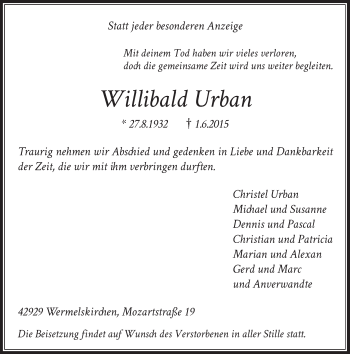 Todesanzeige von Willibald Urban von Rheinische Post