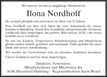 Todesanzeige von Ilona Nordhoff von Rheinische Post