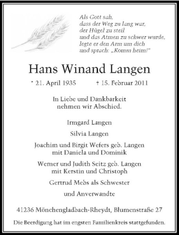 Todesanzeige von Hans Winand Langen von Rheinische Post