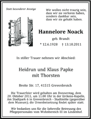 Todesanzeige von Hannelore Noack von Rheinische Post