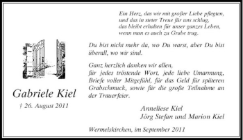 Todesanzeige von Gabriele Kiel von Rheinische Post