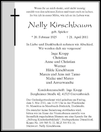 Todesanzeige von Inge Inge Kropp Christian Anne und Christian 0000000 Werner Hilde Kirschbaum von Rheinische Post