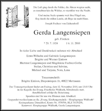 Todesanzeige von Gerda Langensiepen von Rheinische Post