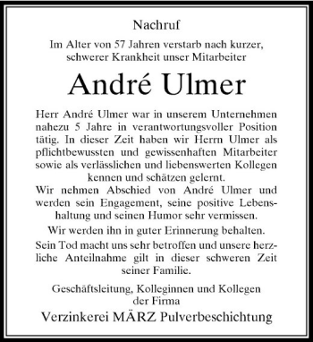Todesanzeige von André Ulmer von Rheinische Post