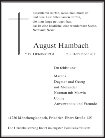 Todesanzeige von August Hambach von Rheinische Post
