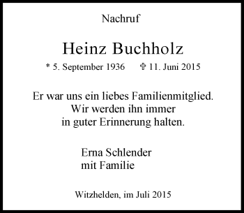 Todesanzeige von Heinz Buchholz von Rheinische Post
