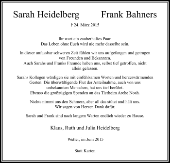 Todesanzeige von Sarah Heidelberg Frank Bahners von Rheinische Post