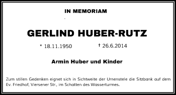 Todesanzeige von Gerlind Huber-Rutz von Rheinische Post