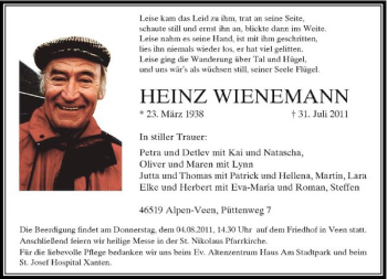 Todesanzeige von Heinz Wienemann von Rheinische Post