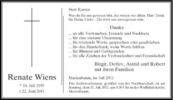 Todesanzeige von Renate Wiens von Rheinische Post