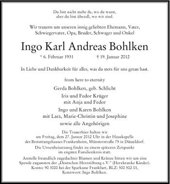 Todesanzeige von Ingo Karl Andreas Bohlken von Rheinische Post
