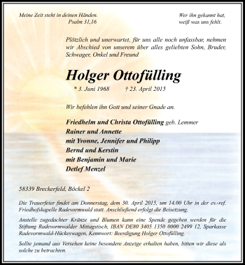 Todesanzeige von Holger Ottofülling von Rheinische Post