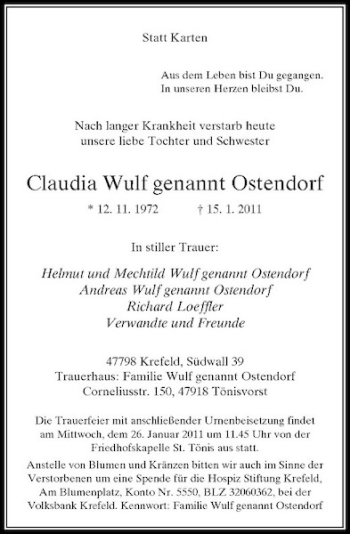 Todesanzeige von Claudia Wulf genannt Ostendorf von Rheinische Post