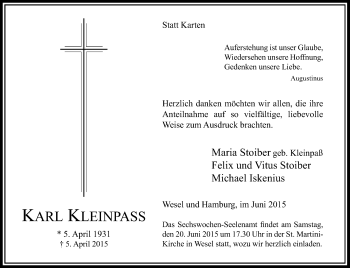 Todesanzeige von Karl Kleinpass von Rheinische Post