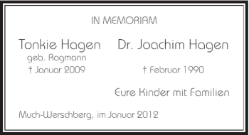 Todesanzeige von Tonkie Hagen Dr. Joachim Hagen von Rheinische Post