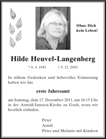 Todesanzeige von Hilde Heuvel-Langenberg von Rheinische Post