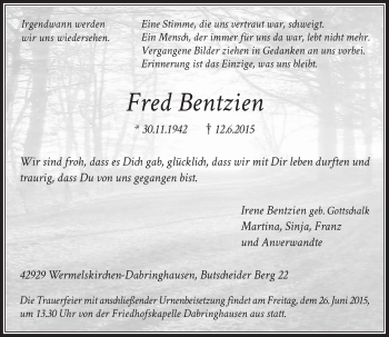 Todesanzeige von Fred Bentzien von Rheinische Post