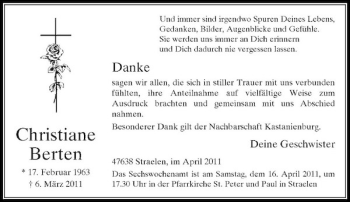 Todesanzeige von Christiane Berten von Rheinische Post