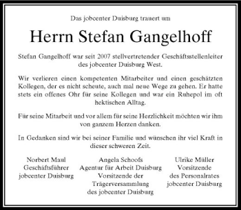 Todesanzeige von Das jobcenter Duisburg trauert um von Rheinische Post