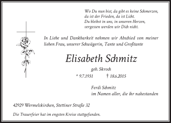 Todesanzeige von Elisabeth Schmitz von Rheinische Post