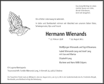 Todesanzeige von Hermann Wienands von Rheinische Post