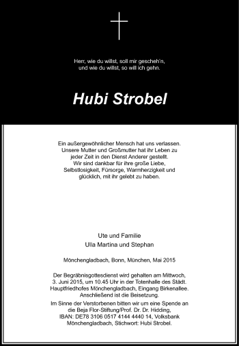 Todesanzeige von Hubi Strobel von Rheinische Post