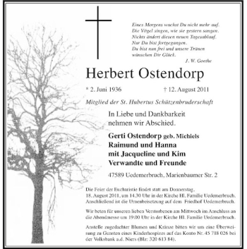Todesanzeige von Herbert Ostendorp von Rheinische Post