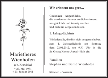 Todesanzeige von Marietheres Wienhofen von Rheinische Post