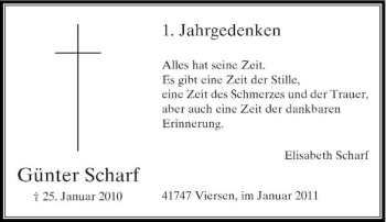 Todesanzeige von Alles hat seine Zeit. Es gibt eine Zeit der Stille aber auch eine Zeit der dankbaren Erinnerung. Elisabeth Scharf von Rheinische Post