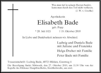 Todesanzeige von Elisabeth Bade von Rheinische Post