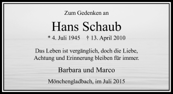 Todesanzeige von Hans Schaub von Rheinische Post