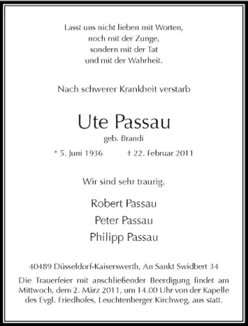 Todesanzeige von Ute Passau von Rheinische Post