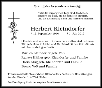 Todesanzeige von Herbert Kleindorfer von Rheinische Post